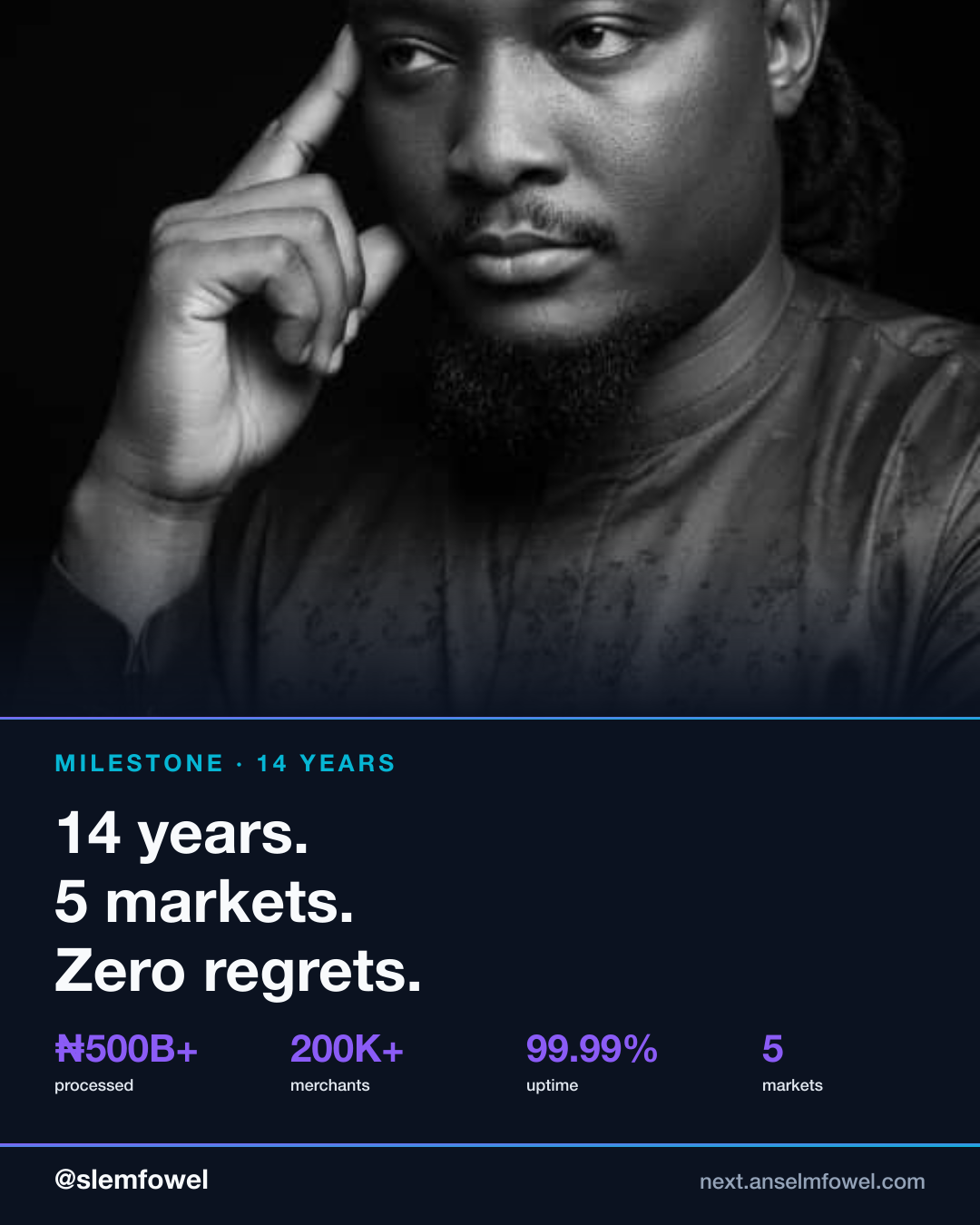 14 years. 5 markets. Zero regrets. — Anselm Fowel